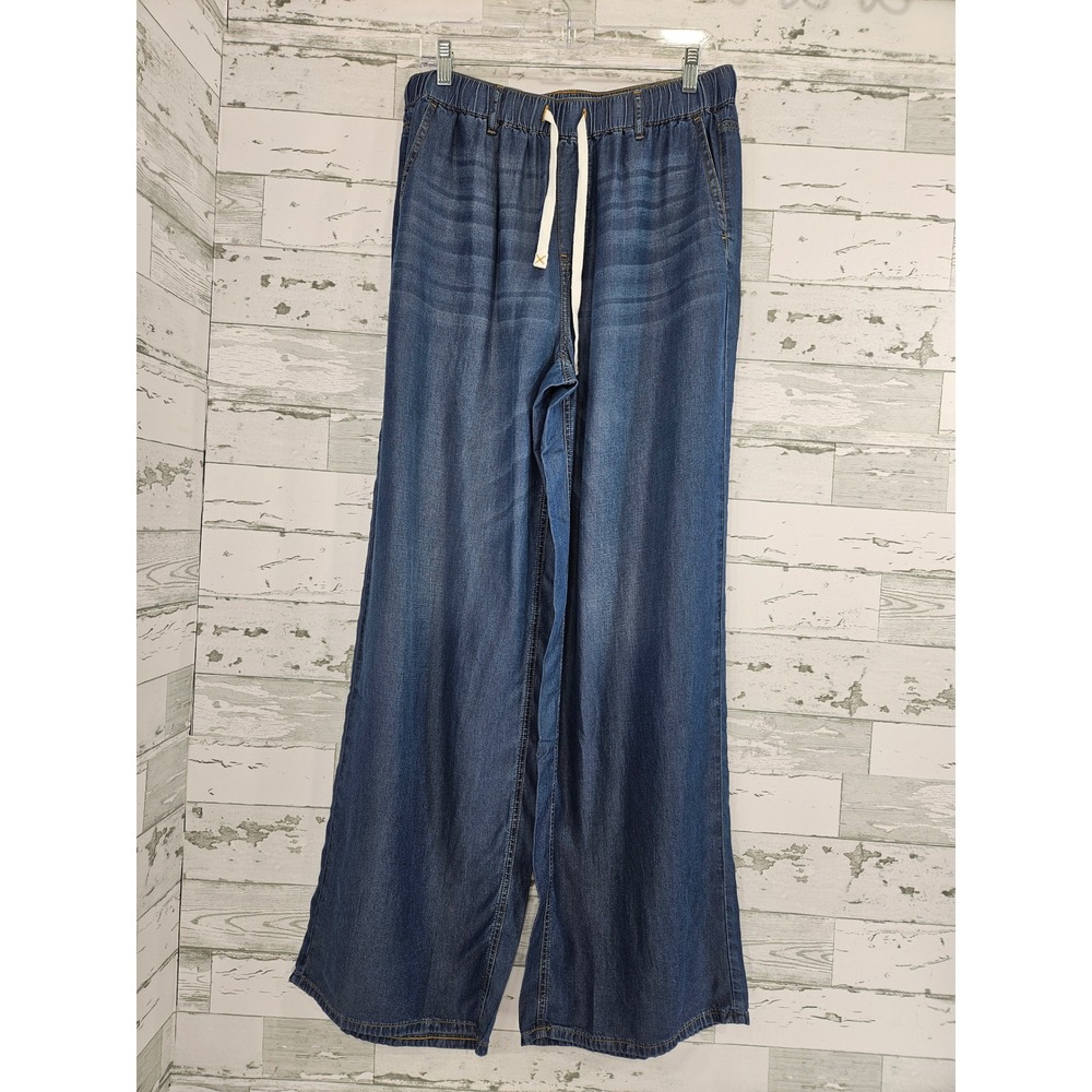 Halara Wide Leg Lyocell Denim Look Pants Blue Elastic Waist Drawstring L Tall